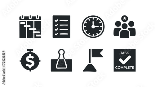 Business icons for planning project management and time. Vector hand drawn illustration