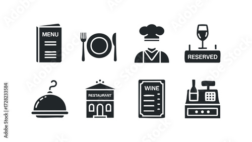 Restaurant service icons set for hospitality industry. Vector hand drawn illustration