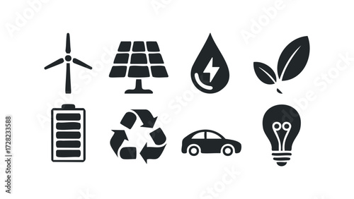 Set of icons representing renewable energy sources and sustainability. Vector hand drawn illustration