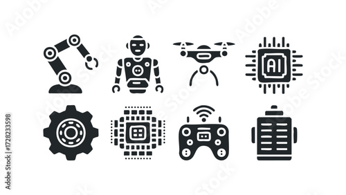 Set of icons featuring robotics and artificial intelligence technology. Vector hand drawn illustration