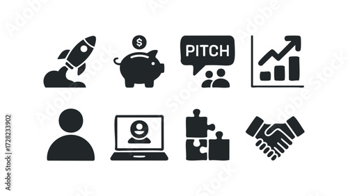 Business Icons Set Startup Finance and Teamwork Collaboration. Vector hand drawn illustration