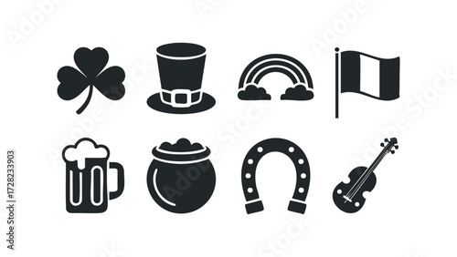St Patrick Day Icons Collection with Beer Hat Pot and Violin. Vector hand drawn illustration