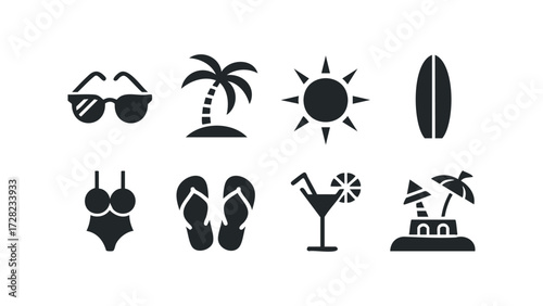 Beach vacation icons for travel and leisure. Vector hand drawn illustration