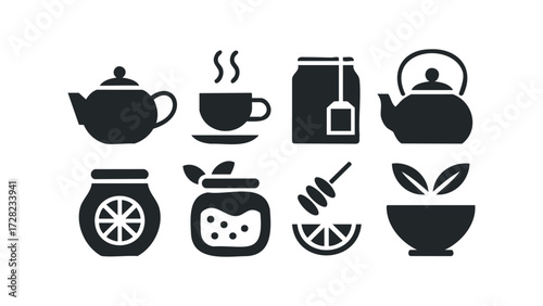 Hot tea kettle tea bag jar honey lemon slice and bowl icon set. Vector hand drawn illustration