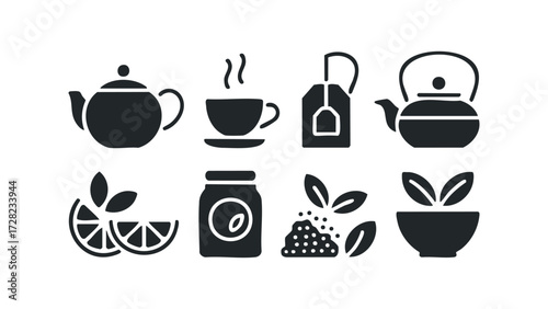 Tea time icons including teapot cup tea bag lemon and jar. Vector hand drawn illustration