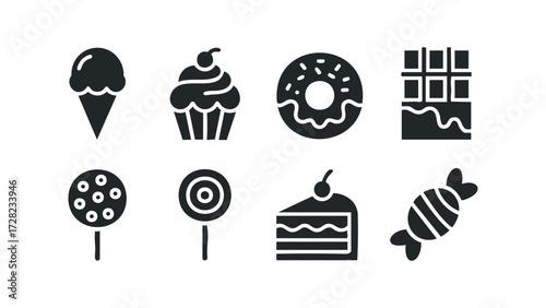 Set of sweet treat icons including cake and ice cream. Vector hand drawn illustration
