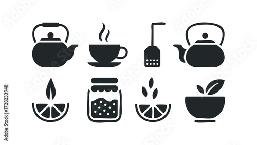 Tea drinking symbols including kettles cups and citrus slices. Vector hand drawn illustration