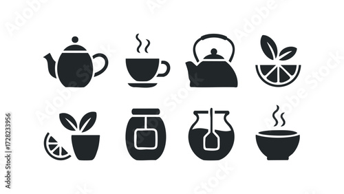 Collection of Tea and Drink Icons with Steam and Citrus. Vector hand drawn illustration