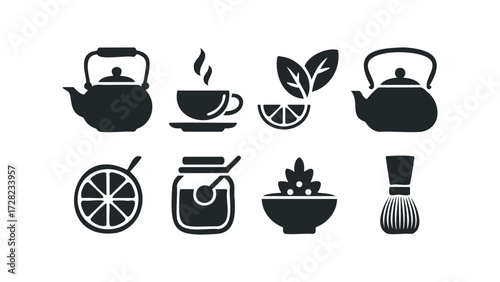 Tea set and ingredients icons. Vector hand drawn illustration