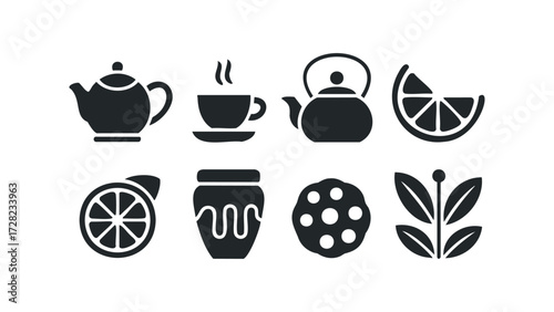Set of icons for tea time and refreshments. Vector hand drawn illustration