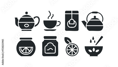 Collection of black tea and beverage preparation icons. Vector hand drawn illustration