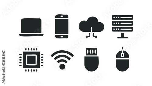 Technology icons representing computer, phone, cloud, server, chip, WiFi, USB, mouse. Vector hand drawn illustration