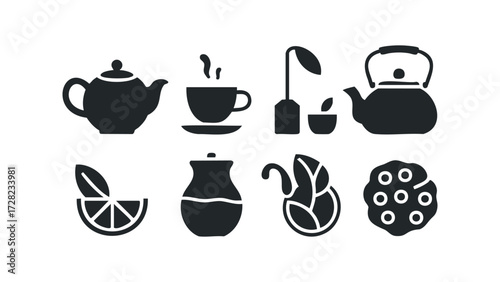 Collection of eight black tea and beverage related icons. Vector hand drawn illustration