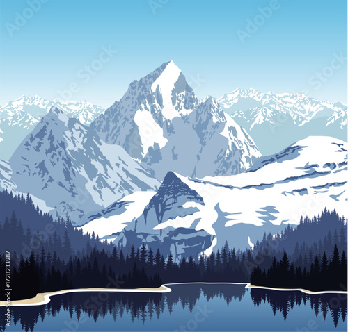 winter landscape with mountains and lake