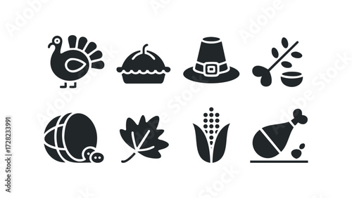 Thanksgiving holiday icons featuring turkey, pie, and harvest food. Vector hand drawn illustration