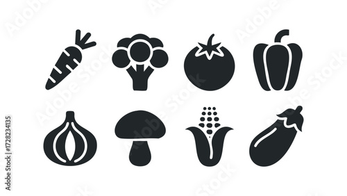 Collection of eight black vegetable icons on white. Vector hand drawn illustration