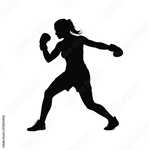 Silhouette of a female boxer in action showcasing power and determination, female athlete boxing silhouette vector illustration
