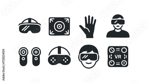 Virtual Reality Icons Set Headset Controllers Hand and Display. Vector hand drawn illustration