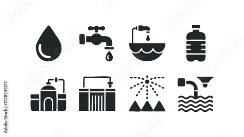 Water resource icons including drop, tap, bottle, and purification. Vector hand drawn illustration
