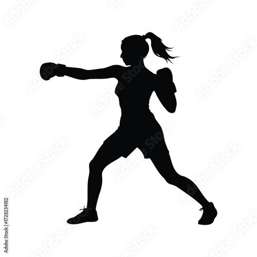 Silhouette of a female boxer in action pose ready to strike forward, female athlete boxing silhouette vector illustration