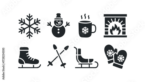 Winter activity and cozy home icons. Vector hand drawn illustration