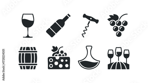 Collection of wine related graphic icons. Vector hand drawn illustration