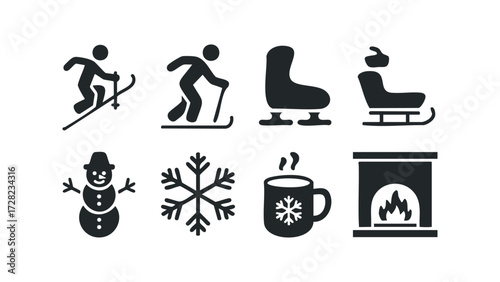 Collection of winter activity and comfort icons. Vector hand drawn illustration