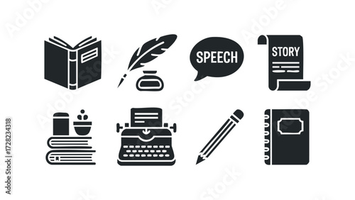 Writing and storytelling symbols collection. Vector hand drawn illustration