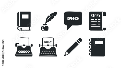 Writing and storytelling icons including book and typewriter. Vector hand drawn illustration