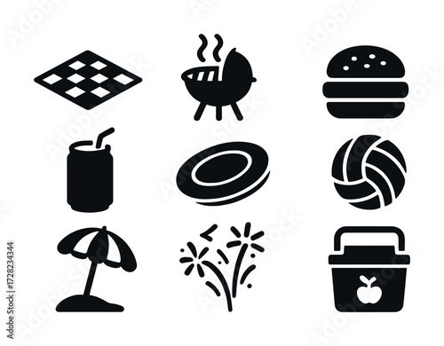 Summer icons set: bbq grill, beach umbrella, volleyball, burger, picnic essentials