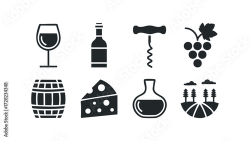 Collection of Black Icons Representing Wine Production and Consumption. Vector hand drawn illustration