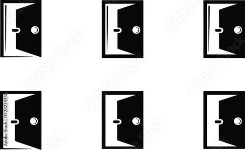 Six Open Doors with Doorknobs, Black and White Icons