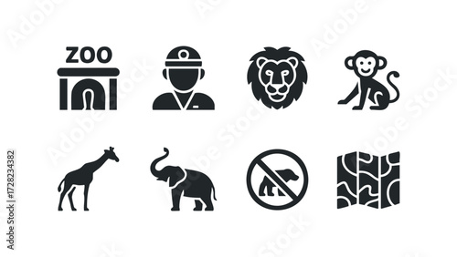 Collection of zoo animal and facility icons. Vector hand drawn illustration