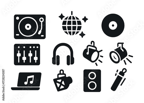Music and party icons set featuring dj equipment and disco elements