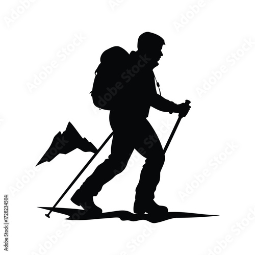Silhouette of a hiker with backpack and trekking poles climbing mountains, glacier hiking silhouette vector illustration