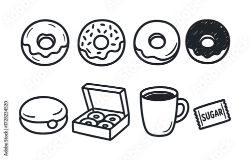 Hand-drawn donuts and coffee set with box and sugar packet