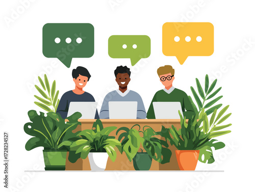 現代のワークプレイスにおける多様性と協調性を象徴する、植物に囲まれた環境でデジタルコミュニケーションを行う人々のベクターイラストレーション。