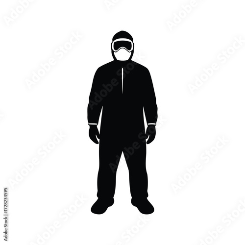 Full body silhouette of a person wearing a hazmat suit and goggles, healthcare worker in ppe suit silhouette vector illustration