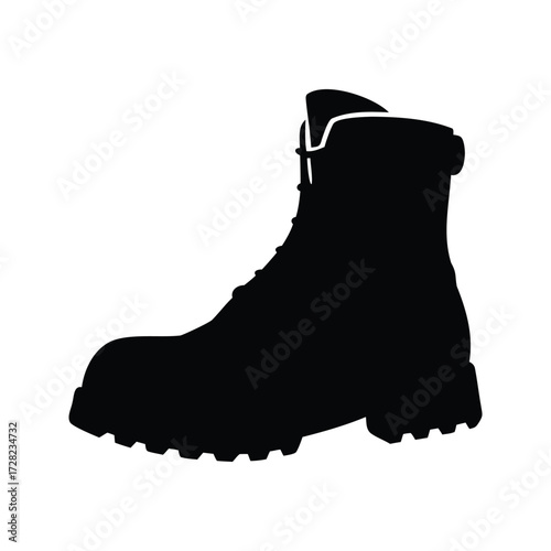 Black silhouette of a high top hiking boot with thick sole, heavy duty boots silhouette vector illustration