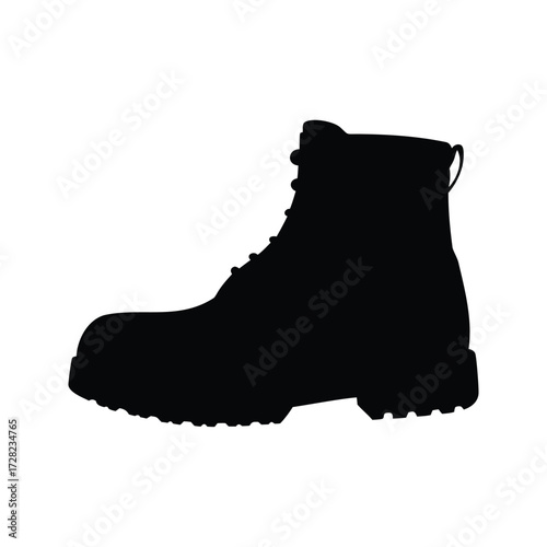 Silhouette of a sturdy work boot with laces and thick tread, heavy duty boots silhouette vector illustration