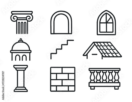 Outline icons of architectural elements: columns, arches, stairs, roofs, walls, windows, balconies