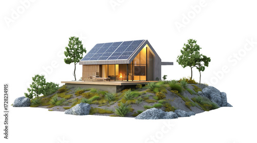 Lone Abode Powered by Solar Energy on white background