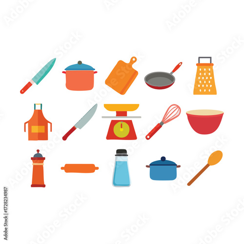 A set of kitchen utensil icons including a fork, spoon, knife, pot, and pan in vector illustration