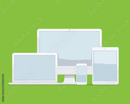 現代のデジタル環境を象徴するフラットなベクターイラストレーション。デスクトップ、ノートPC、タブレット、スマートフォンが緑色の背景に並び、マルチプラットフォーム対応やレスポンシブな画面表示のコンセプトを表現しています。