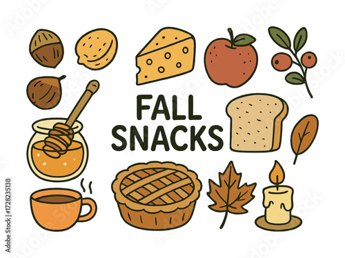 Autumn snack collection: nuts, fruits, pie, cheese, and cozy treats