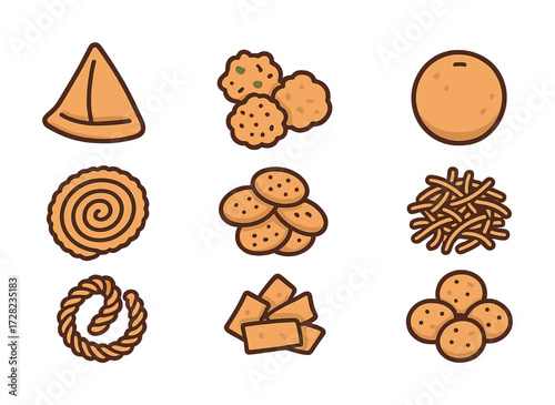 Assorted indian snacks illustration: samosa, bhaji, dhokla, chakli, papdi, sev, murukku, namak pare, ladoo