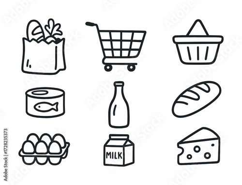 Grocery icons: shopping cart, basket, food items in black and white