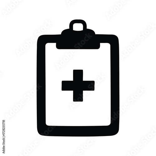 Medical clipboard with a plus sign indicating health record information, medical clipboard silhouette vector illustration