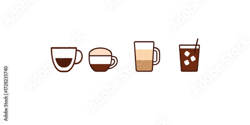 Print  Minimalist flat-style icons of different world coffees — espresso, cappuccino, latte, cold brew — with white backgrounds