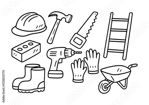 Hand-drawn construction tools illustration featuring hammer, saw, drill, hard hat, brick, ladder, gloves, wheelbarrow, boots